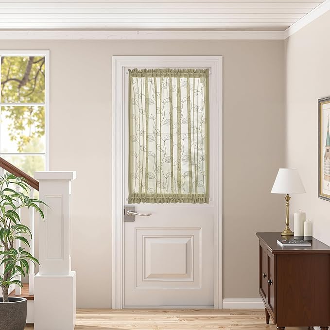 jinchan French Door Curtain Privacy Rustic Leaf Embroidered Semi Sheer Voile Front Curtain for Window Doorway Closet, Door Panel with Tieback Rod Pocket 1 Panel 55W x 40L Inch Sage Green