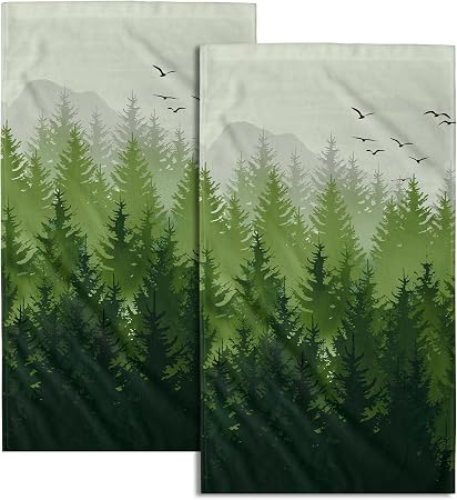 Misty Green Forest Hand Towels,Wild Nature Landscape Soft Water Absorbent Decorative Towel Washcloths for Bathroom Kitch