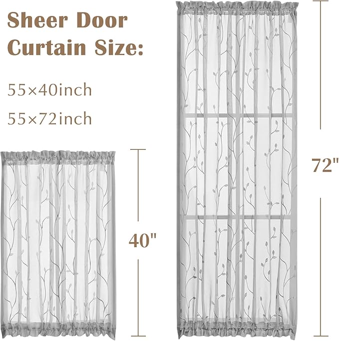 jinchan Sheer Door Curtain 40 Inches Grey Floral Embroidered Semi-Sheer Embroidery Voile Floral French Door Curtain Light Filtering Drape Rod Pocket 1 Panel Gray