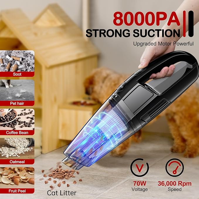 BSRCO Handheld Vacuum Cordless 8000PA, Car Vacuum Portable Cordless 30 Mins Runtime & Under 70dB Quiet, Hand Held Vacuum Cleaner, 1.4lbs Hand Vacuum Cordless for Car/Home/Office, Pet Hair