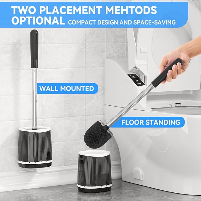 TRENTI Toilet Brush and Holder Set, Ventilated Holder, Compact Toilet Brush Set for Bathroom Deep Cleaning (2, Black)