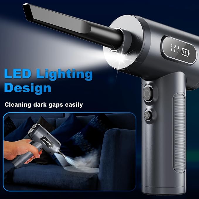 Compressed Air Duster-3 Gear Adjustable 100000RPM Electric Air Duster with LED Light, Rechargeable Cordless Air Blower for Keyboard Electric Devices Cleaning. Replaces Compressed Air Cans (Grey)