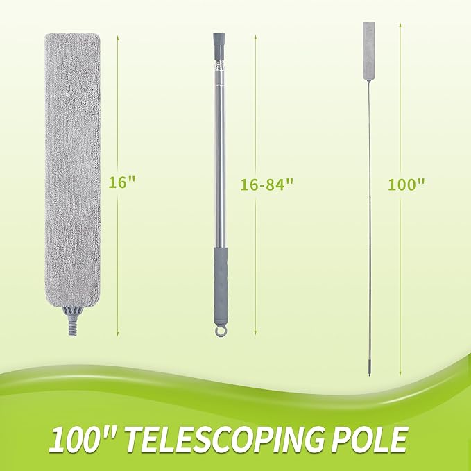 IVYROLL Skinny Duster with Extension Pole for Under Furniture, Under Appliance Cleaning Tool with 3 Microfiber Dusting Cloths, Retractable Flat Duster for Under Refrigerator, Tight Spaces, Gap