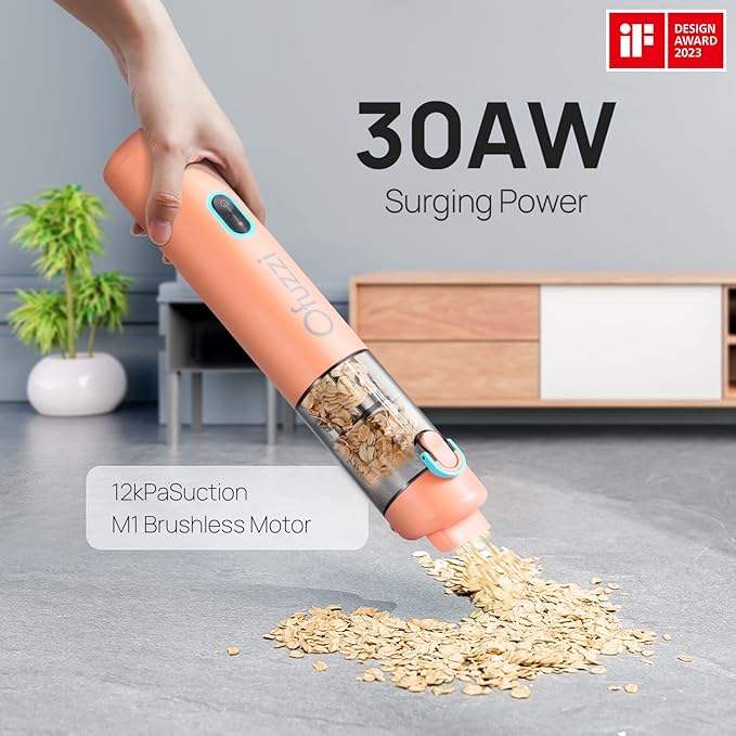 Ofuzzi Day - H8 Apex Cordless Handheld Vacuum Cleaner, 30AW Powerful Suction, 1.2lbs Lightweight, 120ml Dust Cup, Dual Filtration, 30 Mins Runtime, Mini Vacuum for Pet, Home, Narrow Spaces(Orange)