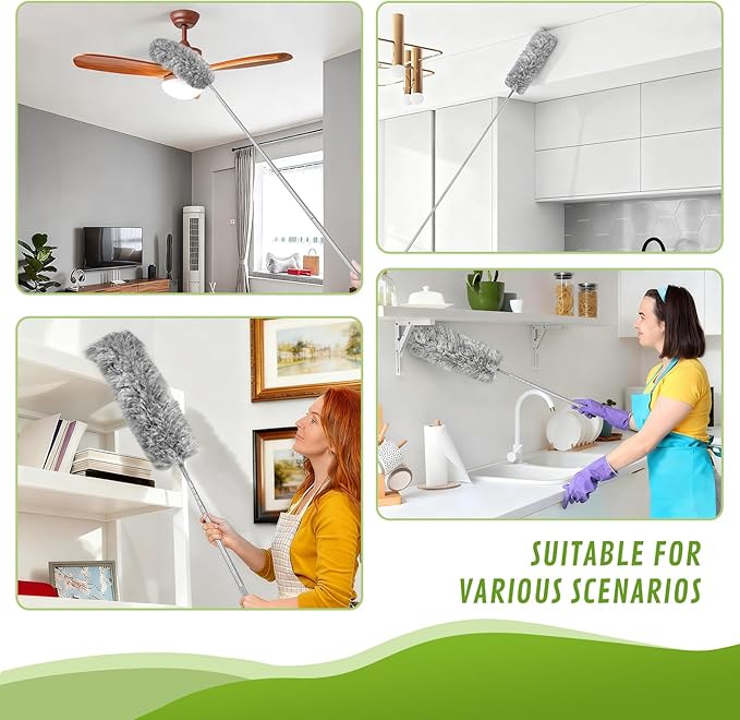12-Piece Microfiber Feather Duster with Extension Pole (16.1" to 100), Ceiling Fan Duster for Ceiling Fan, Flat Duster for Under Appliances, Chenille & Cobweb Duster for Cobweb, Wall, Furniture