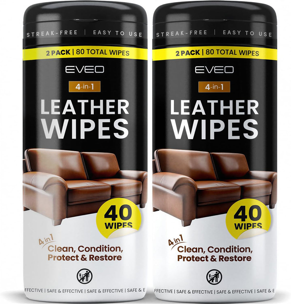 Leather Wipes 4-in-1 Leather Cleaner and Conditioner for Furniture - Leather Couch Cleaner, Car, Shoes & Purses – UV Protection, XL Moistened Wipes Restore & Protect – 2 Pack (80 Wipes)