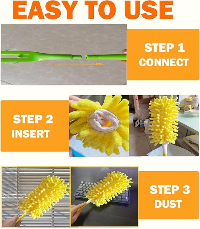 Reusable Duster for Swiffer, 360 Heavy Duty Duster Refill Compatible with Swiffer Hand Dusters for Dusting Furniture, Blinds, Ceiling Fans, Walls and More, 6 Refills +1 Handle, Yellow