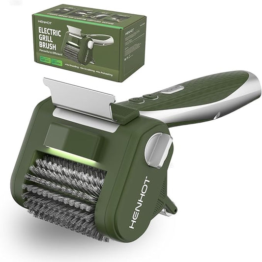 Electric Grill Brush - Heavy Duty Cordless BBQ Grill Cleaning Brush with High Torque, LED Light, Detachable Stainless Steel Head, Support Roller, for Outdoor Cast Iron & Stainless Steel Grates