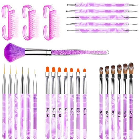 28Pcs Purple Nail Art Brush Set, Professional Acrylic Gel Nail Brushes, Nail Liner Dotting Pen, Nail Dust Cleaning Brush, Manicure Tools Kit for Nail Sculpting, Acrylic Powder Application, Nail Design