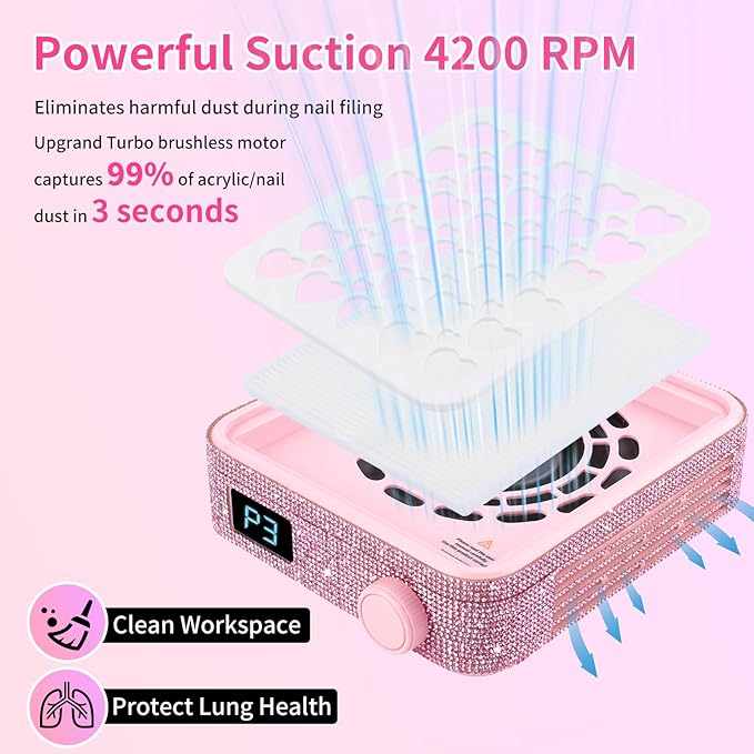 BQAN Nail Dust Collector Portable for Home & Salon - 4200RPM Vacuum with Reusable Filter, for Acrylic Drilling Dust Beginner Friendly Small Manicure Tool (Pink Rhinestones)