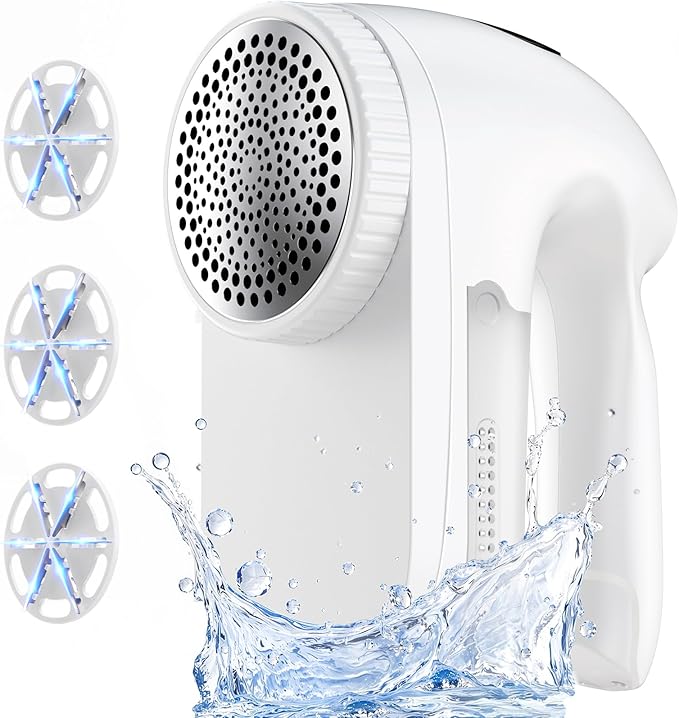 PKBD IPX6 Waterproof Washable Electric Fabric Shaver and Lint Remover, Rechargeable Sweater Defuzzer with 3 Free Extra Blades, Quickly and Effectively Remove Fluff, Fuzz, Bobbles for Clothes, White