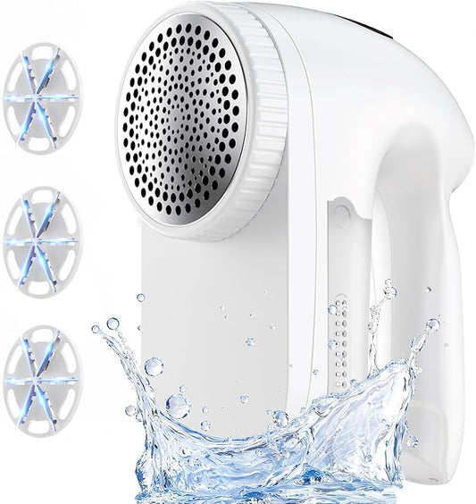 PKBD IPX6 Waterproof Washable Electric Fabric Shaver and Lint Remover, Rechargeable Sweater Defuzzer with 3 Free Extra Blades, Quickly and Effectively Remove Fluff, Fuzz, Bobbles for Clothes, White