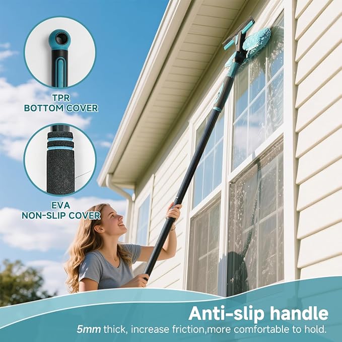 62" Window Squeegee, 2 in 1 Window Cleaning Tool with Telescopic Pole, Rotatable and Bendable Head for High Windows Indoor Outdoor, Includes 2 Blades & 2 Pads (Microfiber+Pads)