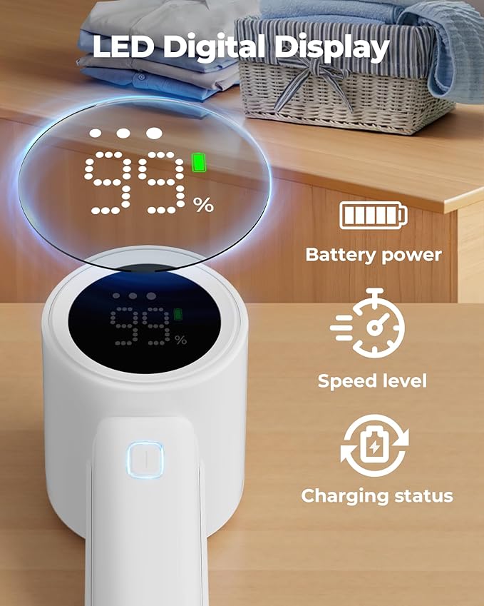 ASNUG Fabric Shaver, Electric Lint Remover, Sweater Shavers to Remove Pilling with 3 Speeds, 6 Leaf Blade, LED Display & Type-C Rechargeable, Removes Fuzz, Pills for Clothes, Furniture