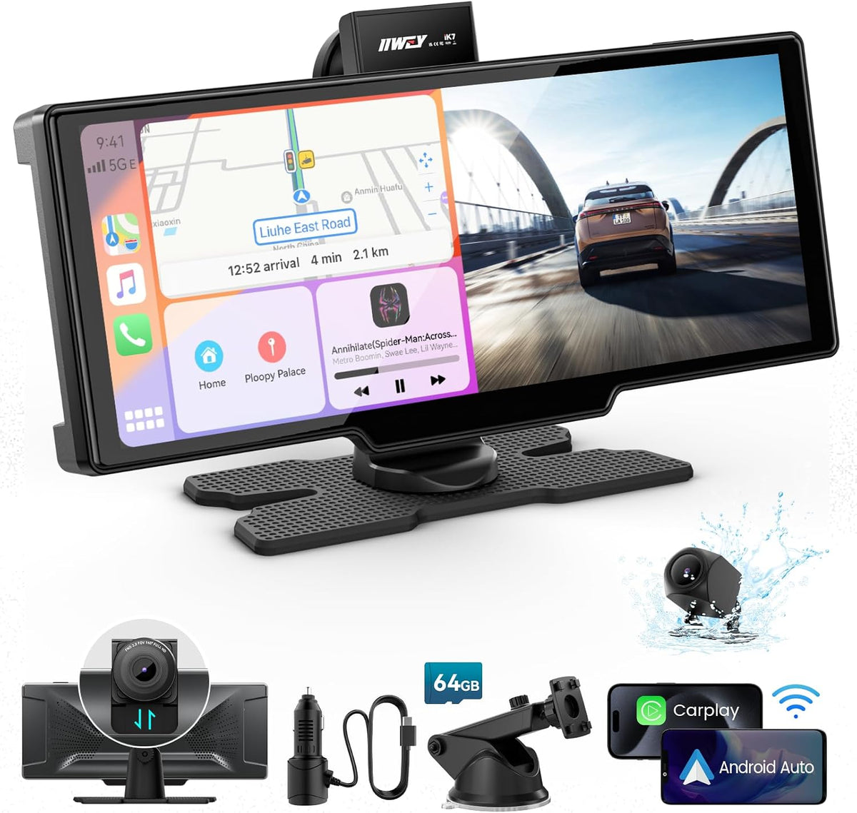 IK7 10-Inch Wireless Apple CarPlay Screen, Android Auto, 4K Dash Cam