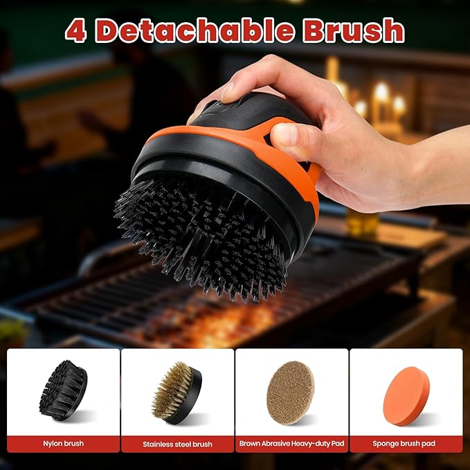 Electric Grill Brush for Outdoor Grill- 4 Replaceable Heads, 3000mAh IPX7 Waterproof BBQ Cleaning Scrubber for Kitchen & Car & Bathroom - Ideal Mother’s for Grill Lovers, Dad, Mom