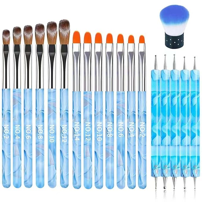 19Pcs Blue Nail Art Brush Set, Nail Brushes Kit with Acrylic Nail Brush, Gel Polish Brushes, Dotting Tools, Nail Dust Brush, Manicure Tool for Acrylic Powder Application, Sculpting & Cleaning