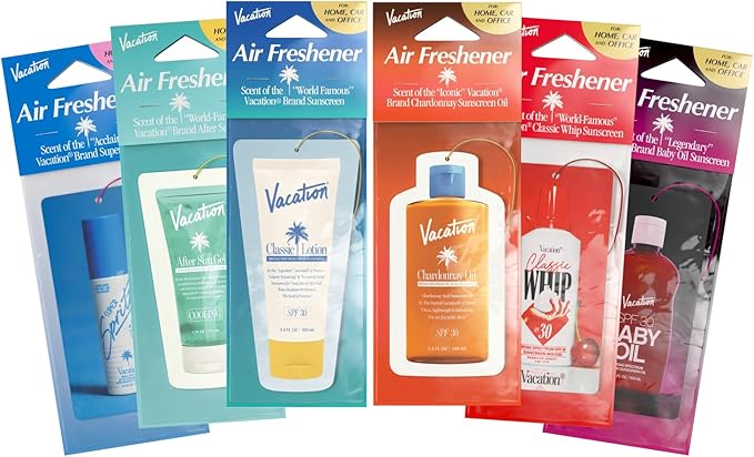 Vacation Air Freshener Variety Pack, 6 Exclusive Summer Scents, Includes Classic Lotion, Chardonnay Oil, After Sun Gel, Classic Whip, Super Spritz & Baby Oil Scents, Deodorizer for Car, Home & Office