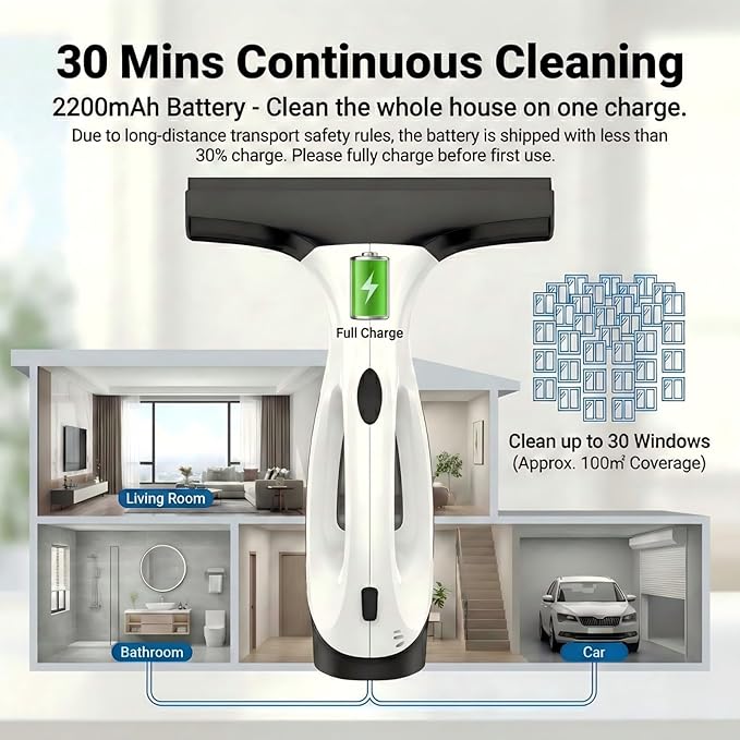 Electric Window Vacuum Squeegee, 2200mAh & 2000Pa Cordless Window Cleaner Tool with 150ml Water Collection Tank, Window Cleaning Kit for Shower Glass, Car, Door, Mirror, Home