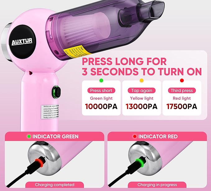 Handheld Vacuum Cleaner Cordless - 17500PA Strong Suction Rechargeable, 3-Speed Adjustable Portable Mini Dust Buster for Pet Hair, Car Detailing, Home, Office & Car Cleaning