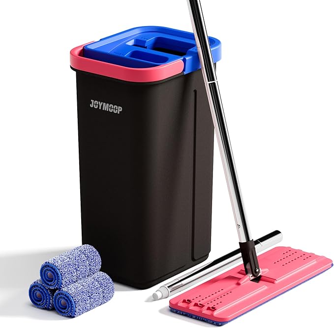 JOYMOOP Flat Mop System, Microfiber Mop and Bucket Set, Black, Household & Commercial Floor Cleaning System for Hardwood, Tile & Glass, Wet Dry Use, 60" Handle, 3 Pads
