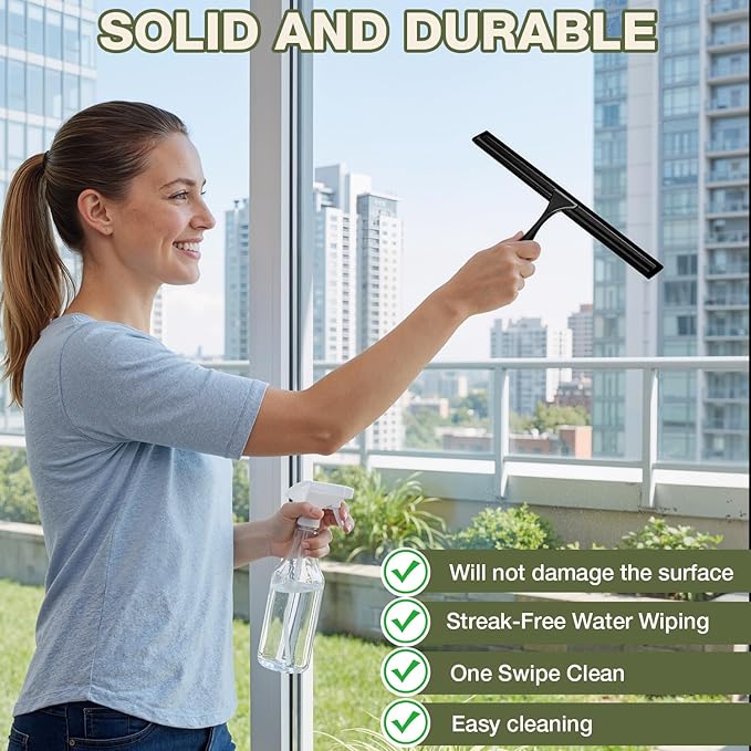 FARMER Shower Squeegee for Glass Doors, 10-Inch Glass Squeegee for Windows, Car Glass and Mirrors, Multi-Purpose Stainless Steel Squeegee with Suction Wall Hook and Over Door Hook, Black