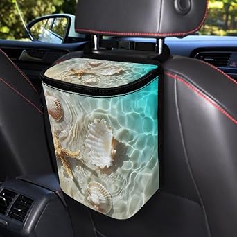 Talayituse Beach Starfish Seashell Print Car Trash Can Accessories Organizer Garbage Bag Dustbin Container with Lid Wast