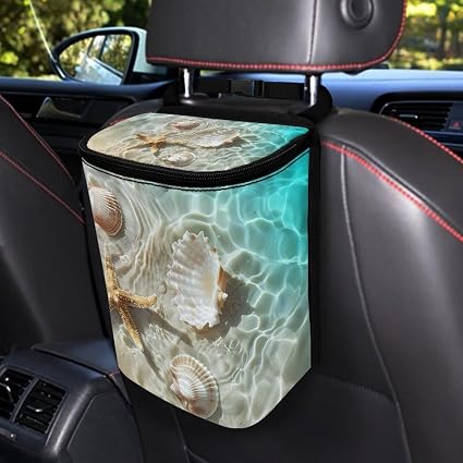 Talayituse Beach Starfish Seashell Print Car Trash Can Accessories Organizer Garbage Bag Dustbin Container with Lid Wast