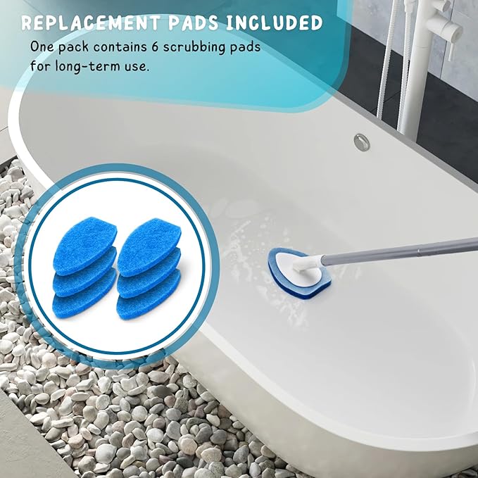 Shower Scrubber, Bathroom Tub and Tile Cleaner Brush with Long Handle, 47'' Bathtub Cleaning Tool with 6 Refill Pads