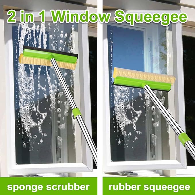 Window Squeegee, Squeegee for Window Cleaning, 2 in 1 Squeegee Window Cleaner with 58'' Long Handle,Window Washing Kit with Extension Pole for Shower, Windshield, Mirror, Gas Station, Glass