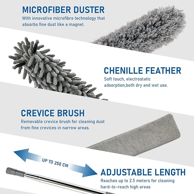 Microfiber Feather Duster 6-in-1 Kit | Extendable Duster with 100" Pole | Washable Long Handle Duster Set for High Ceilings, Fans, Blinds