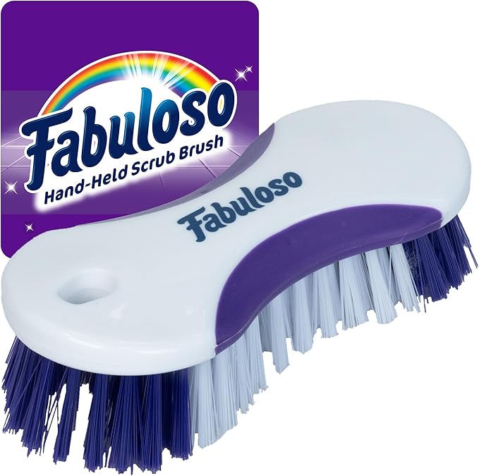 Fabuloso Cleaning Brush, Compact Hand Scrub Brush with Easy Grip Rubber Texture for Kitchen, Bathroom, Tile, Baseboards and Floors, Firm Bristles for Indoor Surface Cleaning, White & Purple, 6 Inch