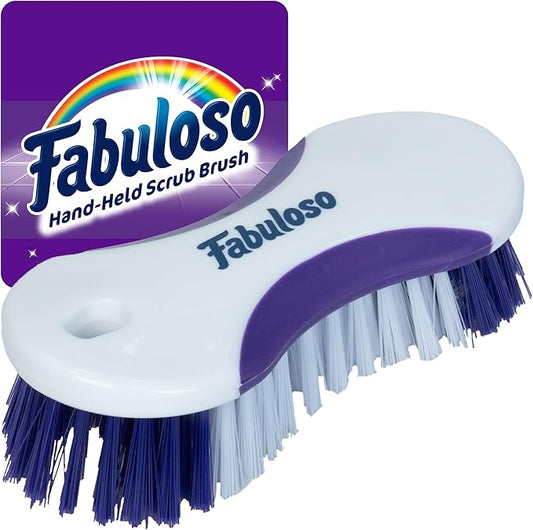 Fabuloso Cleaning Brush, Compact Hand Scrub Brush with Easy Grip Rubber Texture for Kitchen, Bathroom, Tile, Baseboards and Floors, Firm Bristles for Indoor Surface Cleaning, White & Purple, 6 Inch