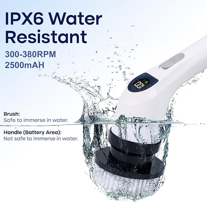 Cleanninja Electric Spin Scrubber for Cleaning, Adjustable Shower Brush with 7 Replaceable Heads & Power LED Display, 2 Speed Waterproof Cordless Shower Scrubber for Bathtub, Kitchen, Car, White