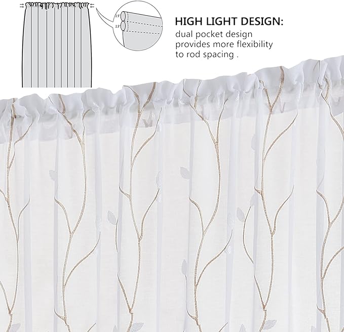 jinchan Sheer Door Curtain 40 Inches Floral Embroidered Semi-Sheer Embroidery Voile Floral French Door Curtain Light Filtering Drape Rod Pocket 1 Panel White