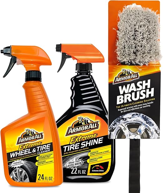Armor All Wheel Cleaner and Tire Shine Kit, Heavy Duty Car Wheel Cleaner, Extreme Tire Shine Spray and Wash Brush - 3 Co