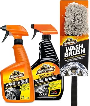 Armor All Wheel Cleaner and Tire Shine Kit, Heavy Duty Car Wheel Cleaner, Extreme Tire Shine Spray and Wash Brush - 3 Co
