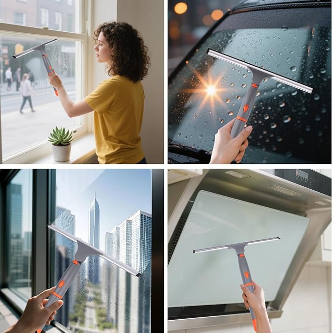 All Purpose 10 inch Shower Squeegee with 2pcs Rubber Wiper Blade Window Squeegee Soft Safe to Clean Shower Door Bathroom Car Windshield Glass Mirrors