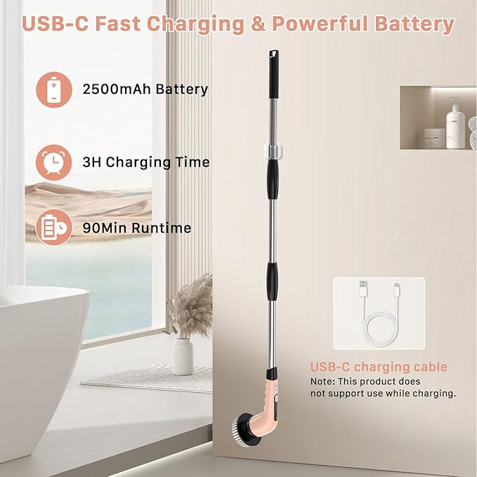 Electric Spin Scrubber with 7 Replaceable Brush Heads, 2-Speed Power, Extendable Handle up to 54 Inch – Bathroom, Shower, Bathtub, Tile & Kitchen