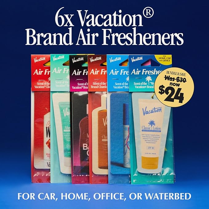 Vacation Air Freshener Variety Pack, 6 Exclusive Summer Scents, Includes Classic Lotion, Chardonnay Oil, After Sun Gel, Classic Whip, Super Spritz & Baby Oil Scents, Deodorizer for Car, Home & Office