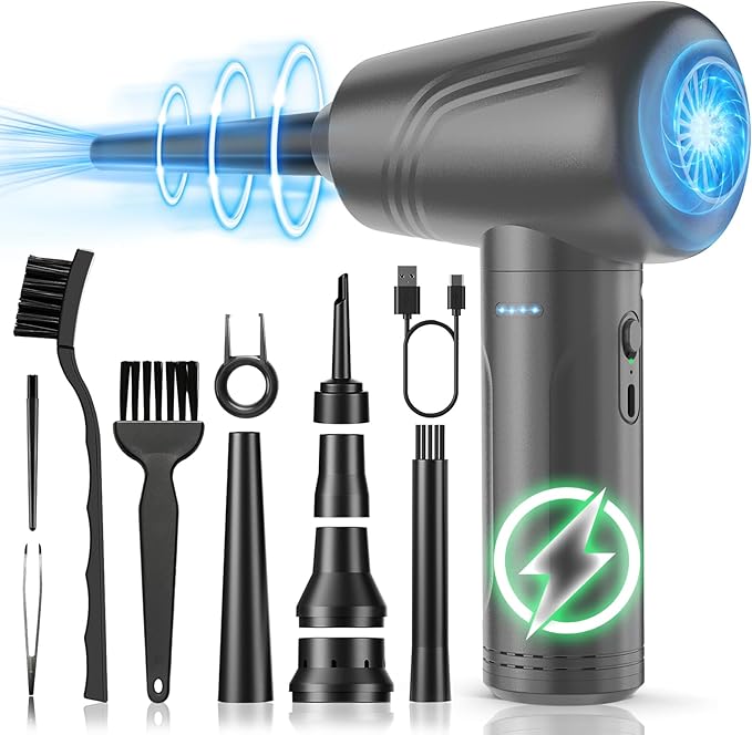 BNKKY 11-in-1 Compressed Air Duster, 3-Gear Adjustable 120000 RPM Electric Air Duster with LED Light, Reusable no Canned Keyboard Cleaner for Office, 9000mAh Cordless Air Duster for Computer/Car