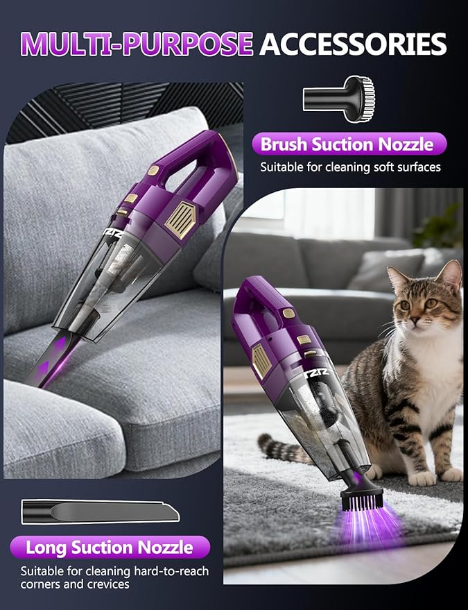 Handheld Vacuum Cordless, 15000PA Powerful Suction Hand Held Car Vacuum Cleaner Rechargeable with Multi-Nozzles & Washable Filters, High Power Lightweight Hand Vacuum for Home, Pet, Car, Office