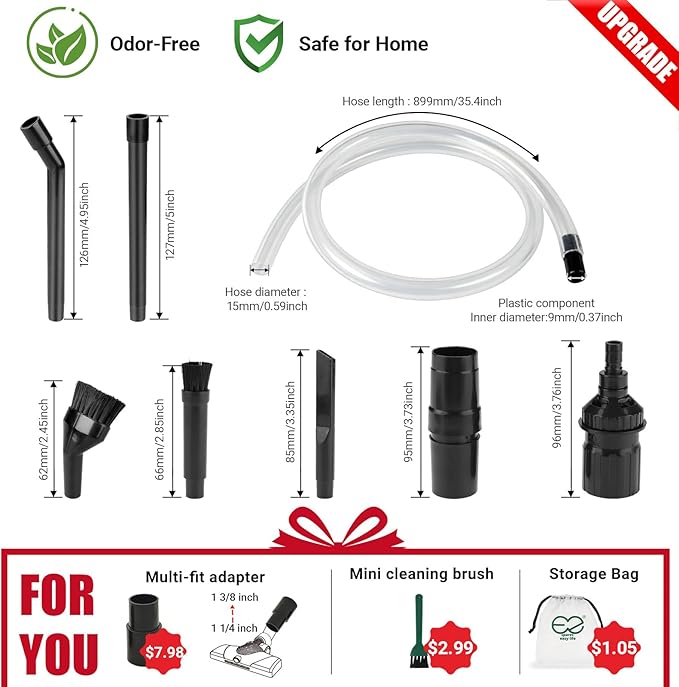 EZ SPARES Vacuum Crevice Attachment Kit – Micro Tools for Car, Keyboard, Vents & Tight Spaces, Fits 1-1/4" Hoses, Odor-Free, Includes Storage Bag