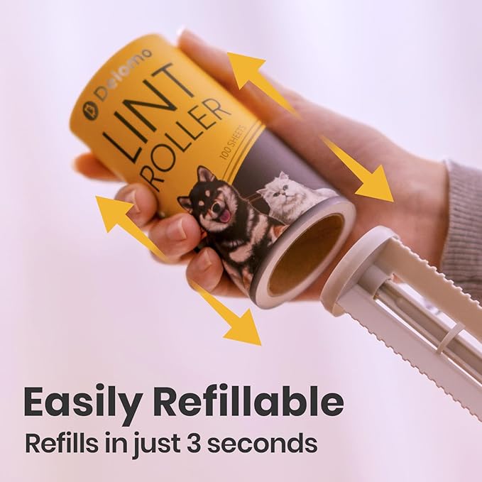 DELOMO Lint Roller 400 Sheets (1 Roller + 3 Refills) - Lint Rollers for Pet Hair Extra Sticky, Mega Value Pet Hair Removal Tool for Clothes/Couch/Furniture/Car - Ideal Home Gift for Pet Owners