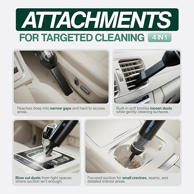 SonicPower Portable Cordless Car Vacuum, 15000Pa High Suction Handheld Vacuum Cleaner, 2-in-1 Vacuum & Blower, with 4 Attachments & Portable Storage Bag for Car, Home, Pet & Office (Black & Blue)