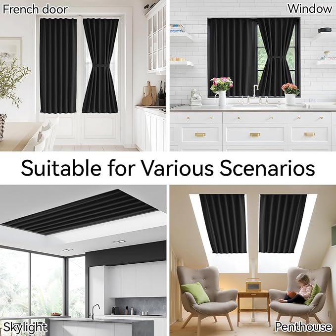 Vatge French Door Curtains - Rod Pocket Blackout Privacy Panel for Living Room/Kitchen Door Window Curtains, 1 Panel, W36 x L54, Black