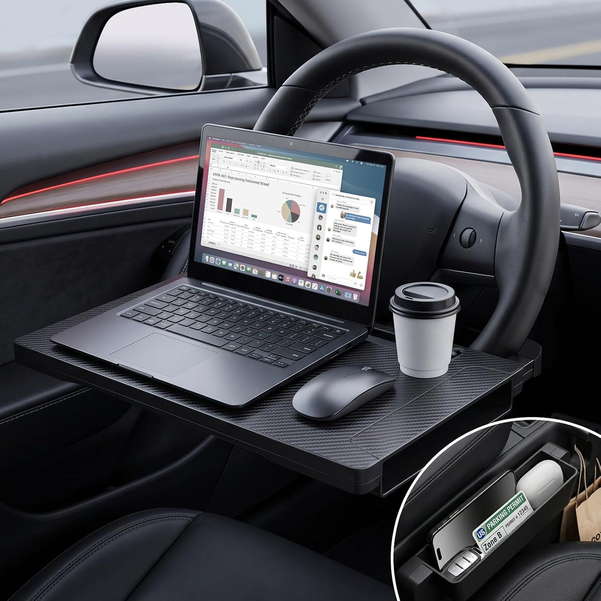 2-in-1 Steering Wheel Desk & Seat Gap Storage, Adjustable Mounting Arms