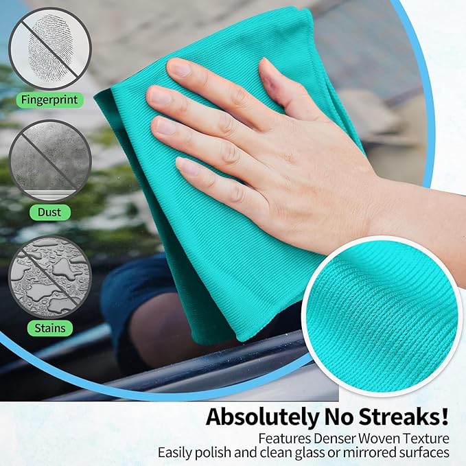 Microfiber Cleaning Cloth - 6 Pack Glasses Cleaning Cloth, 16" x 14" Window Cleaning Rags, Streak Free Lint Free Polishing Cloths Wipes for Eye Glass, Stainless Steel, Windshield, Turquoise