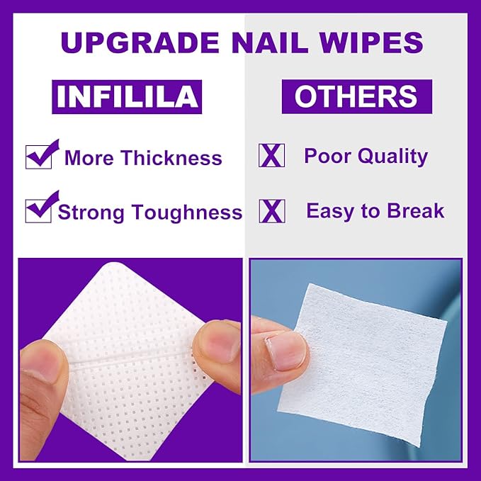 NXJ INFILILA Lint Free Nail Wipes, 1000PCS Non-Woven Fabric Dry Nail Prep Wipes, Absorbent Acetone Nail Polish Remover Lash Extensions Glue Nail Cleaning Pads for Salon Supplies