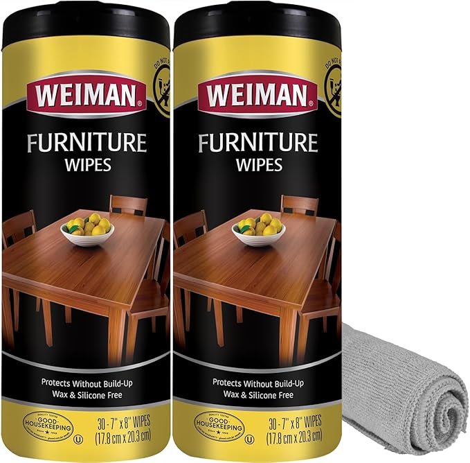 Weiman Wood Polish and Cleaning Wipes, For Furniture Cleaner, Protect from Watermarks, Stains & Aging, No Build-Up, UVX-15 Prevent Drying, Fading & Discoloration, 2 Pack with Microfiber Cloth